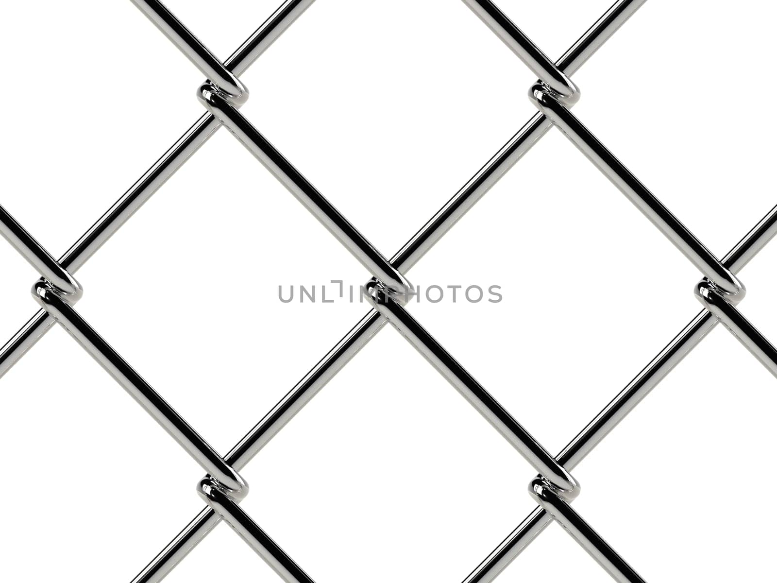 Chain link fence pattern. Industrial style wallpaper. Realistic geometric texture. Steel wire wall isolated on white. 3D illustration.