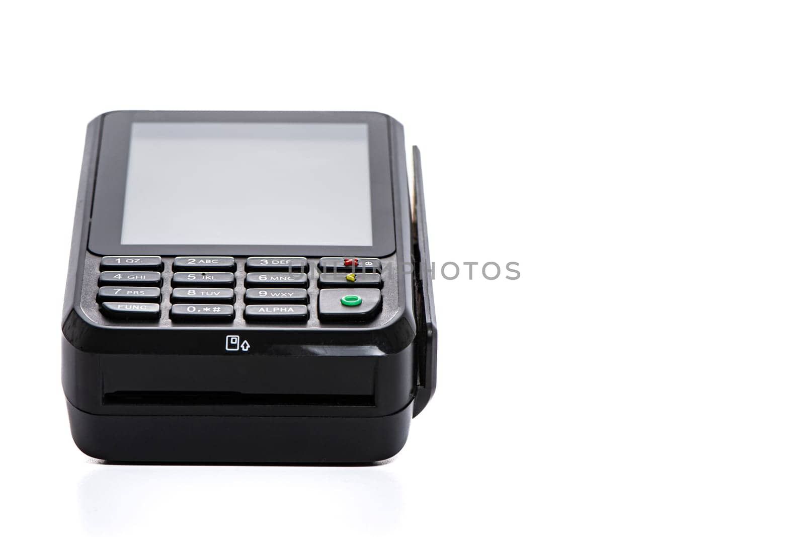 black payment terminal close-up for accepting money from plastic cards from customers on a white isolated background, copy space. High quality photo