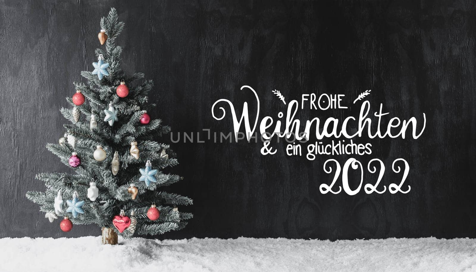 German Calligraphy Frohe Weihnachten Und Ein Glueckliches 2022 Means Merry Christmas And A Happy 2022. Tree With Colorful Ball Ornament And Snow