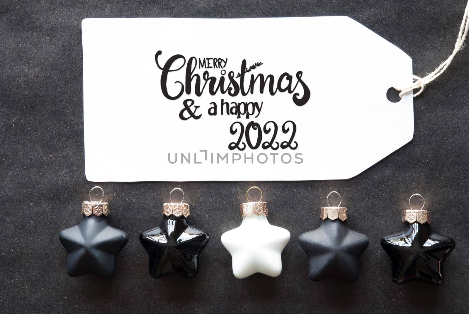 Label With English Calligraphy Merry Christmas And A Happy 2022. Black Christmas Ball Ornament.