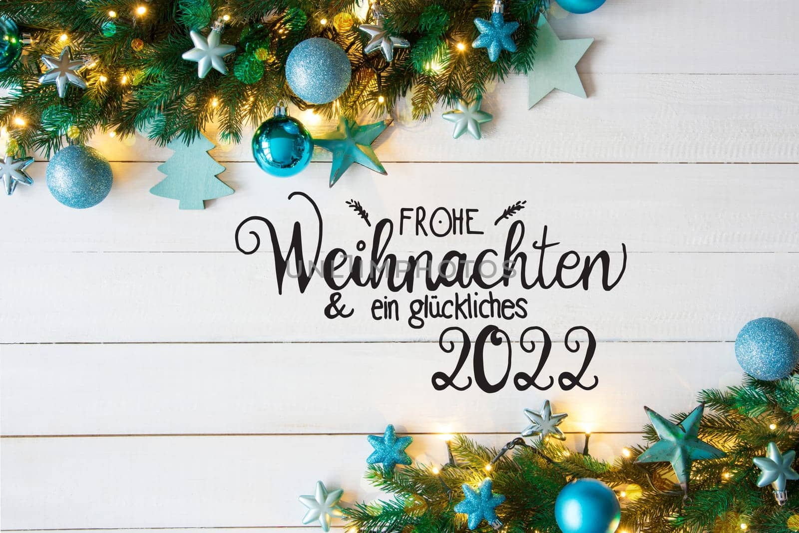 Turqouise Christmas Decoration With German Calligraphy Frohe Weihnachten Und Ein Glueckliches 2022 Mean Merry Christmas And A Happy 2022. Fir Tree Branch Border With Shiny Fairy Lights
