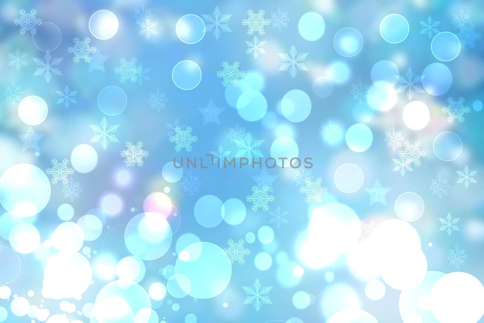 Abstract blurred festive delicate winter christmas or Happy New Year background with shiny blue and white bokeh lighted stars. Space for your design. Card concept.