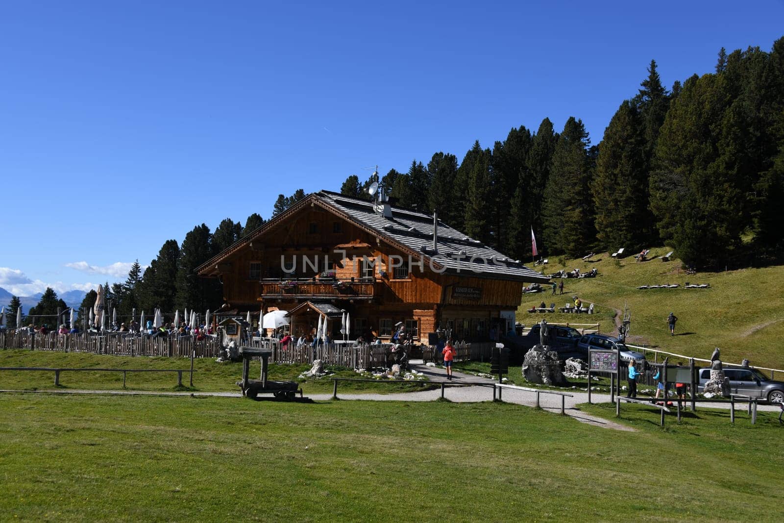 Panoramic view of the Geisleralm in the Dolomites,Funes Valley,South Tyrol,Trentino,Italy,Europe. The Alm can also be reached via the Adolf-Munkel-Weg.