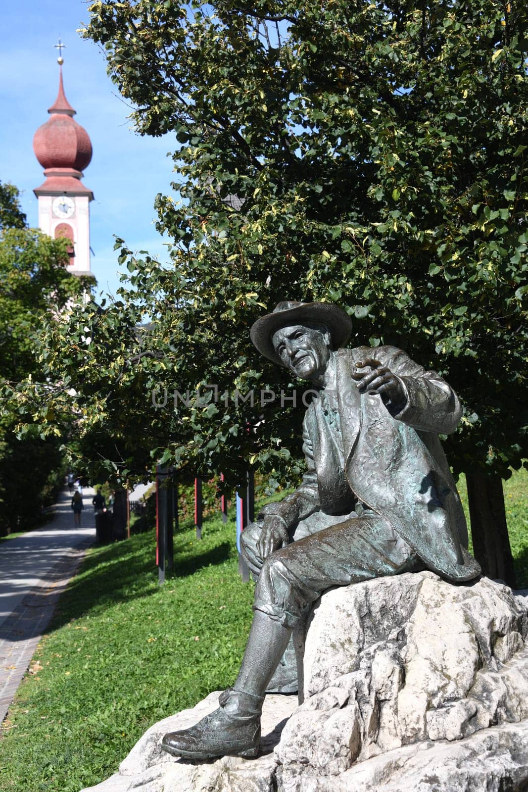 The Alois Franz Luis Trenker monument to the famous mountaineer,actor,director and writer in his birthplace Sankt Ortisei in Val Gardena,South Tyrol Italy.