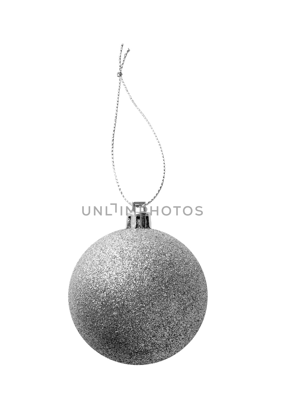 Silver christmas ball with glitter hanging on silver string isolated on white background