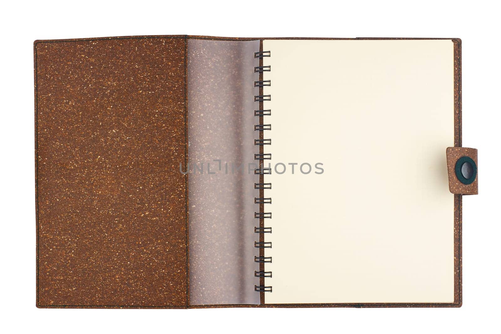 top view closeup of open notebook with metal spirals and brown cork hardcover blank pages isolated on white