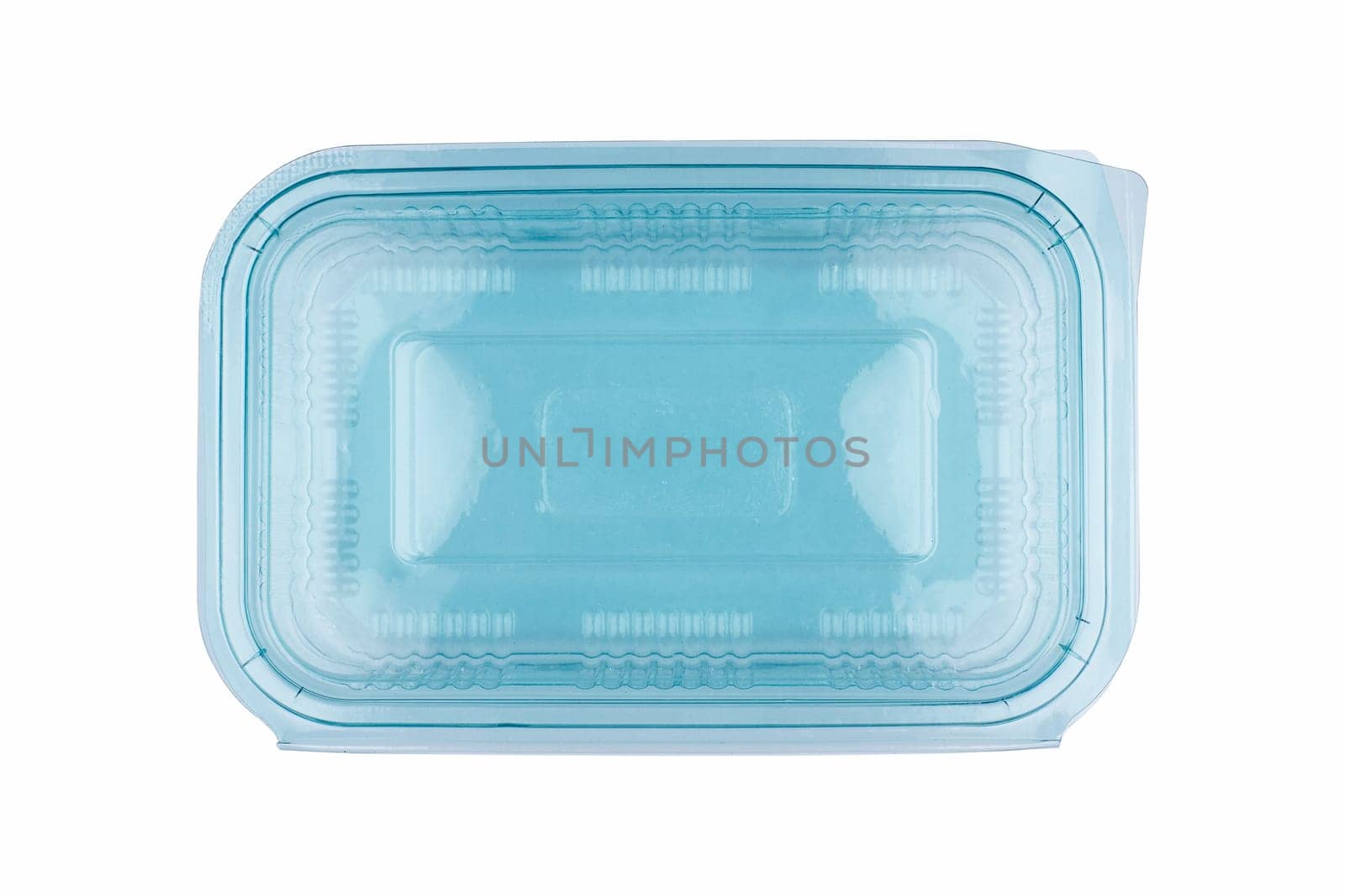 top view of closed blue plastic food packaging container isolated on white background