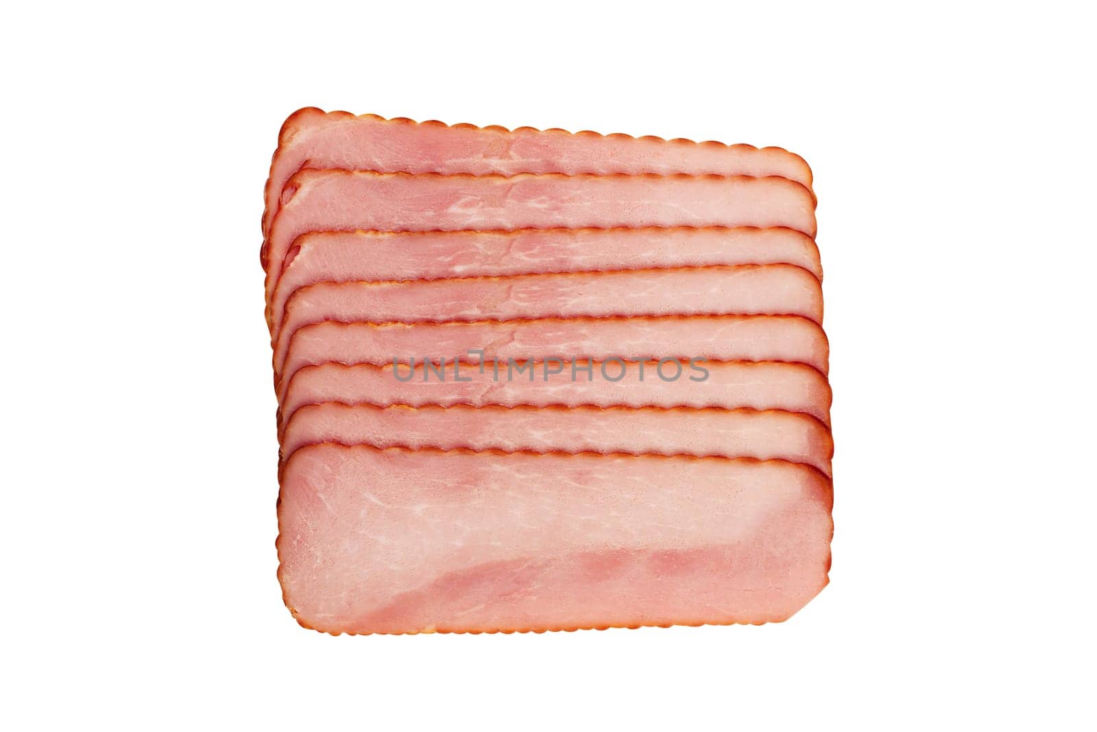 top view of rectangular square slices of smoked pork loin ham isolated on white background