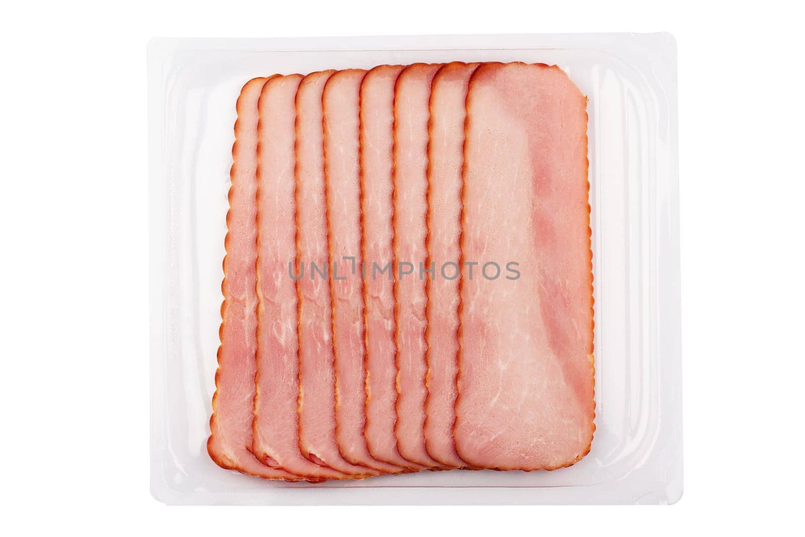 top view of rectangular square slices of smoked pork loin ham in transparent plastic packaging isolated on white background