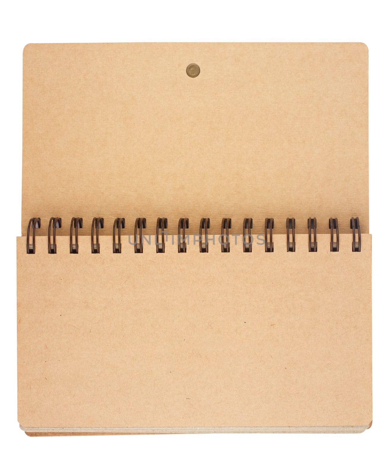 top view closeup of open notebook with metal spirals and light brown cardboard hardcover blank pages isolated on white