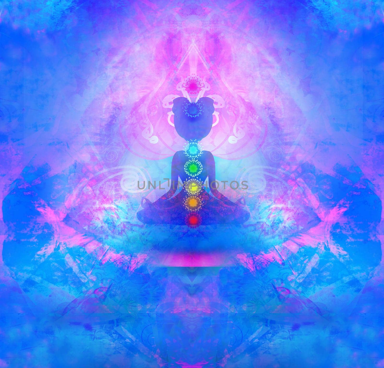 Yoga lotus pose. Padmasana with colored chakra points.