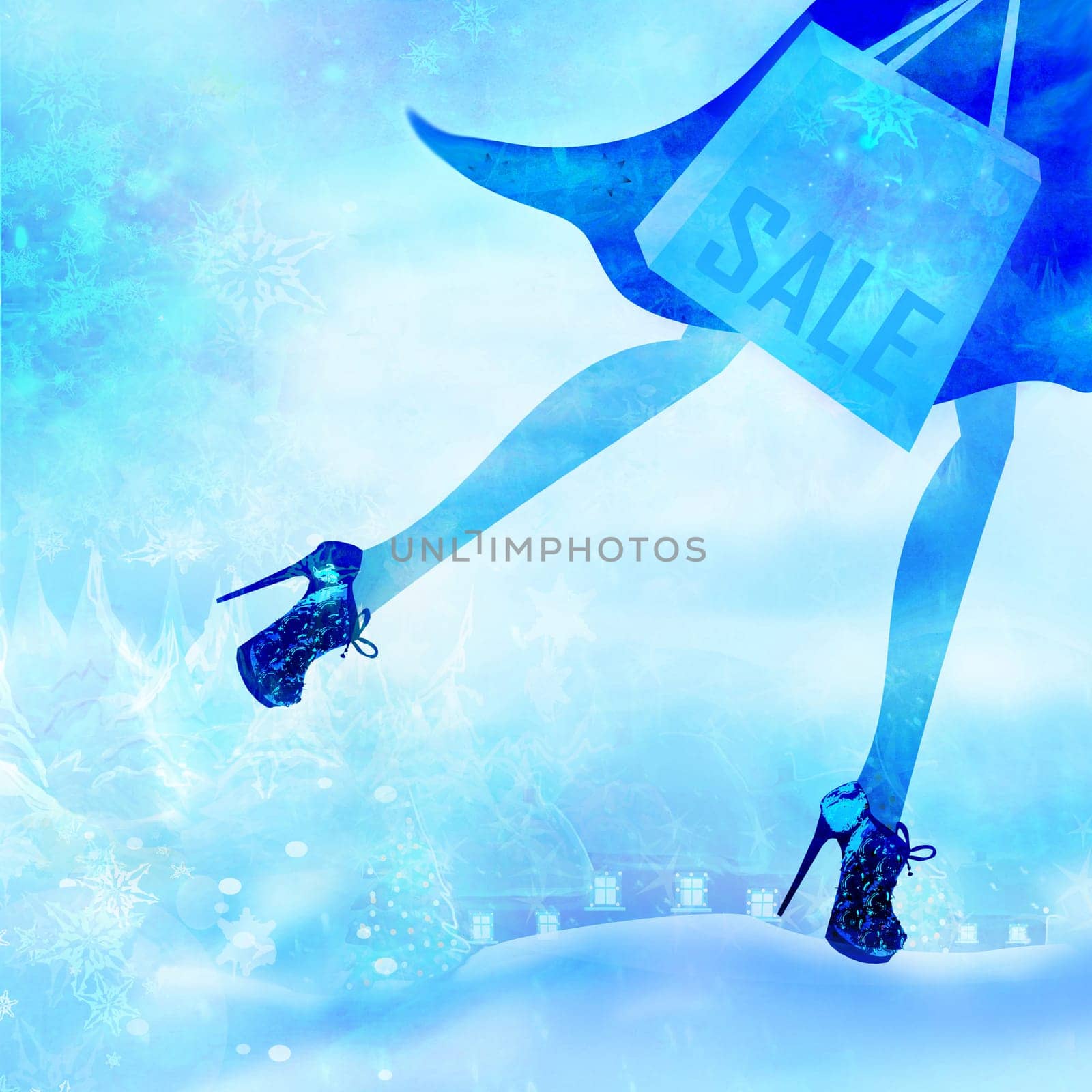 Christmas shopping - winter sale card, close-up on legs