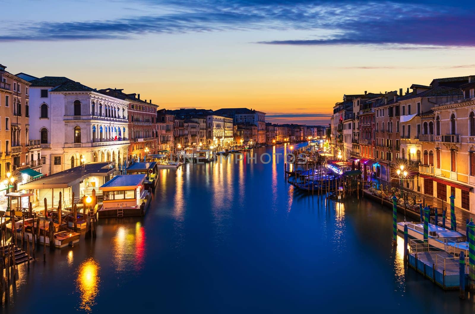 The Grand Canal at sunrise from Rialto Bridge, Venice, Italy.