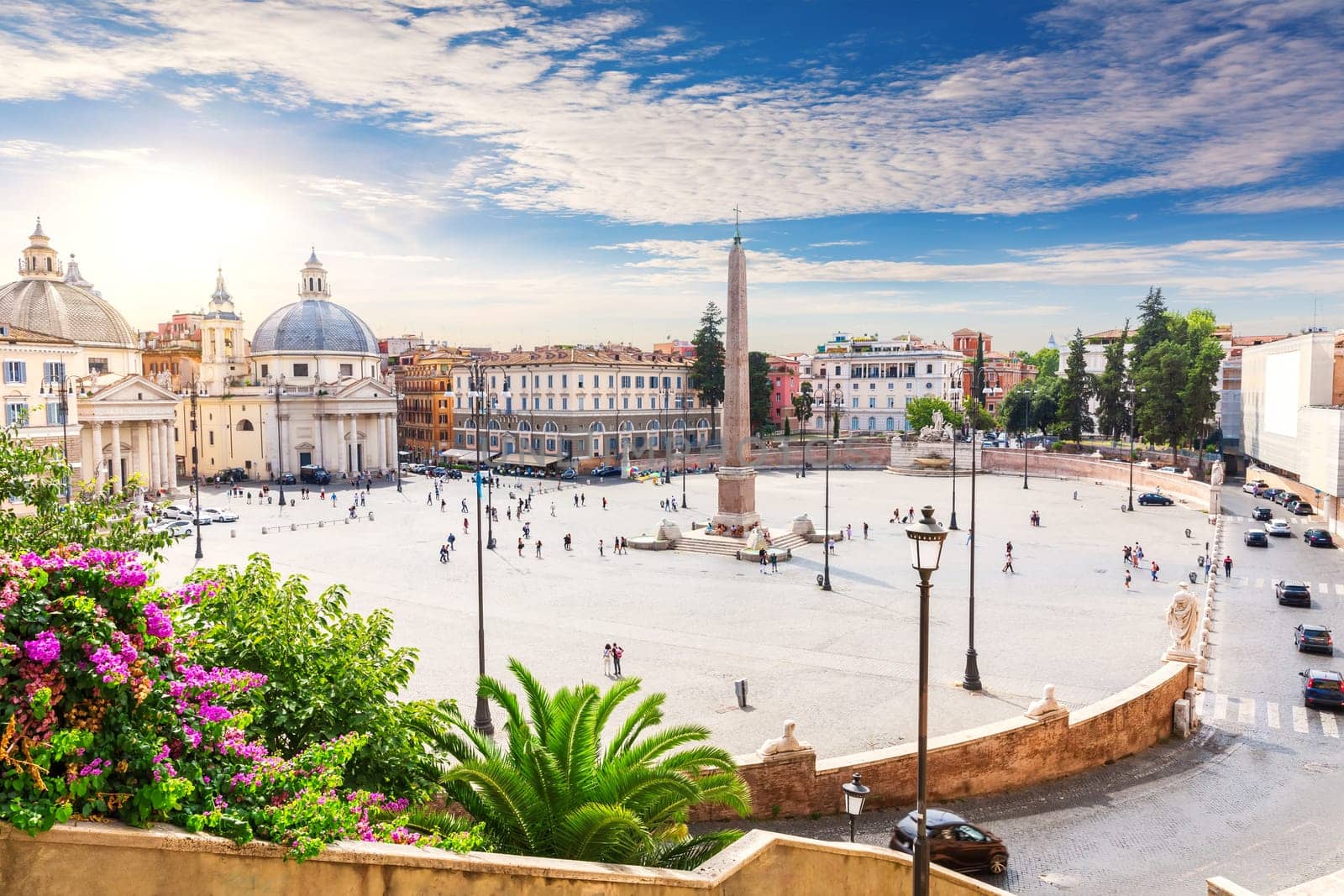 View on Piazza del Popolo with the Egyptian Obelisk, fountains and Twin Churches, Rome, Italy.