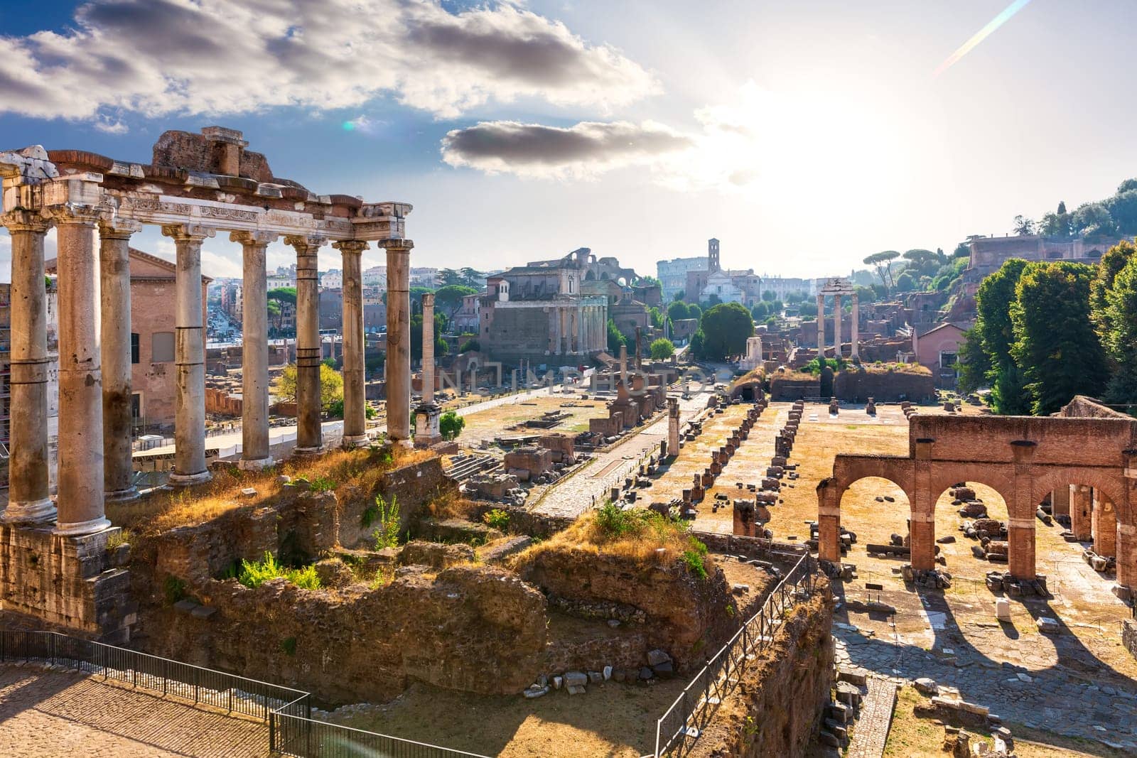Mysterious Roman Forum ruins at sunset, Rome, Italy.