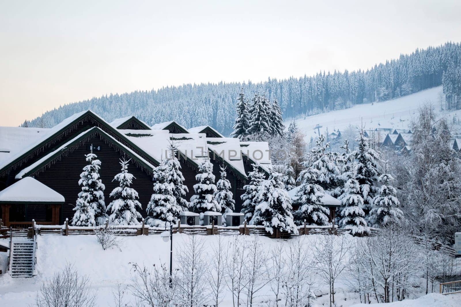 beautiful winter street Bukovel, the theme of mountain sports, skiing, Bukovel, Carpathian, mountains Ukraine, new year, Christmas, holidays