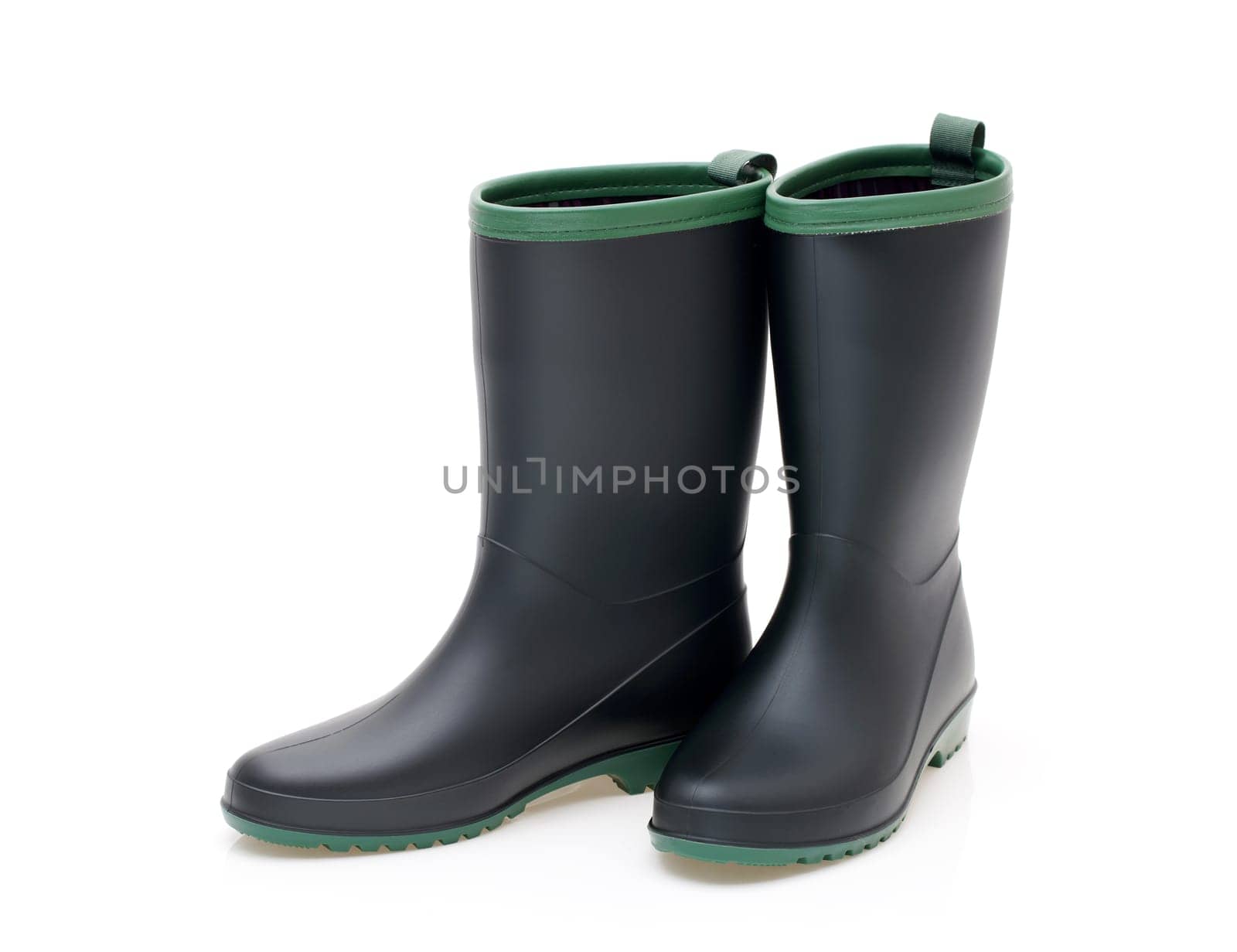 Pair of black waterproof rubber boots isolated on a white background