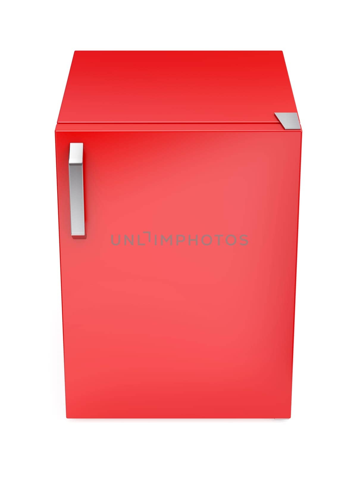 Red small fridge on white background, front view