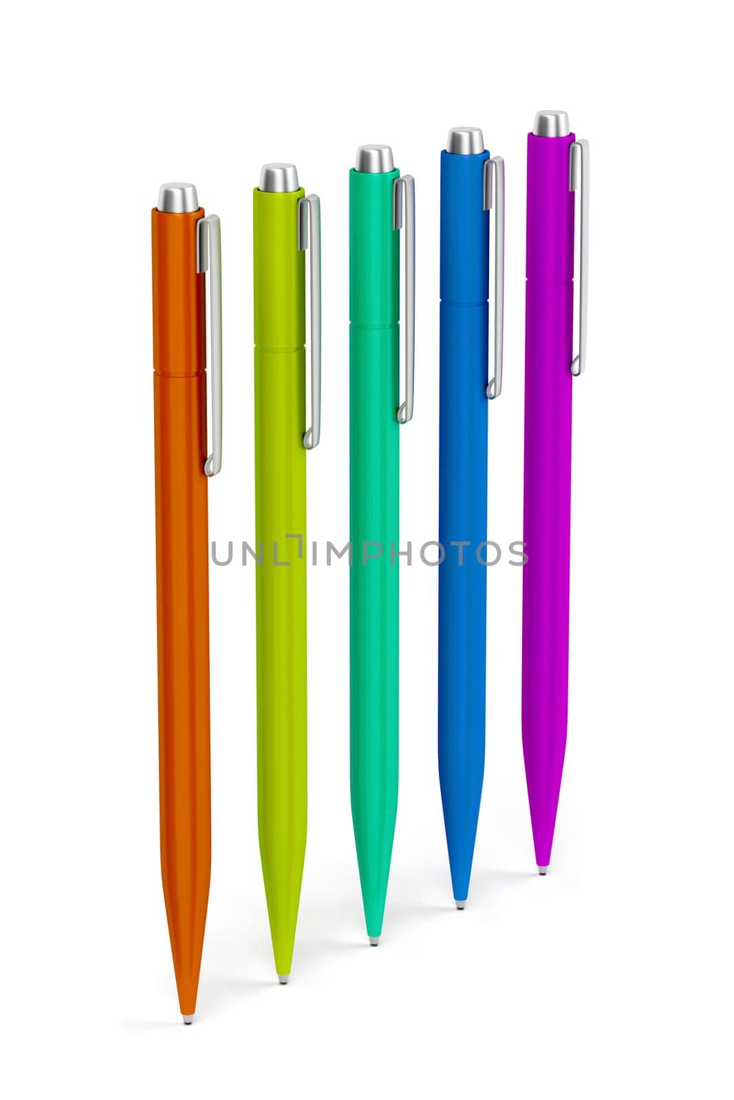 Group of pens with different colors on white background