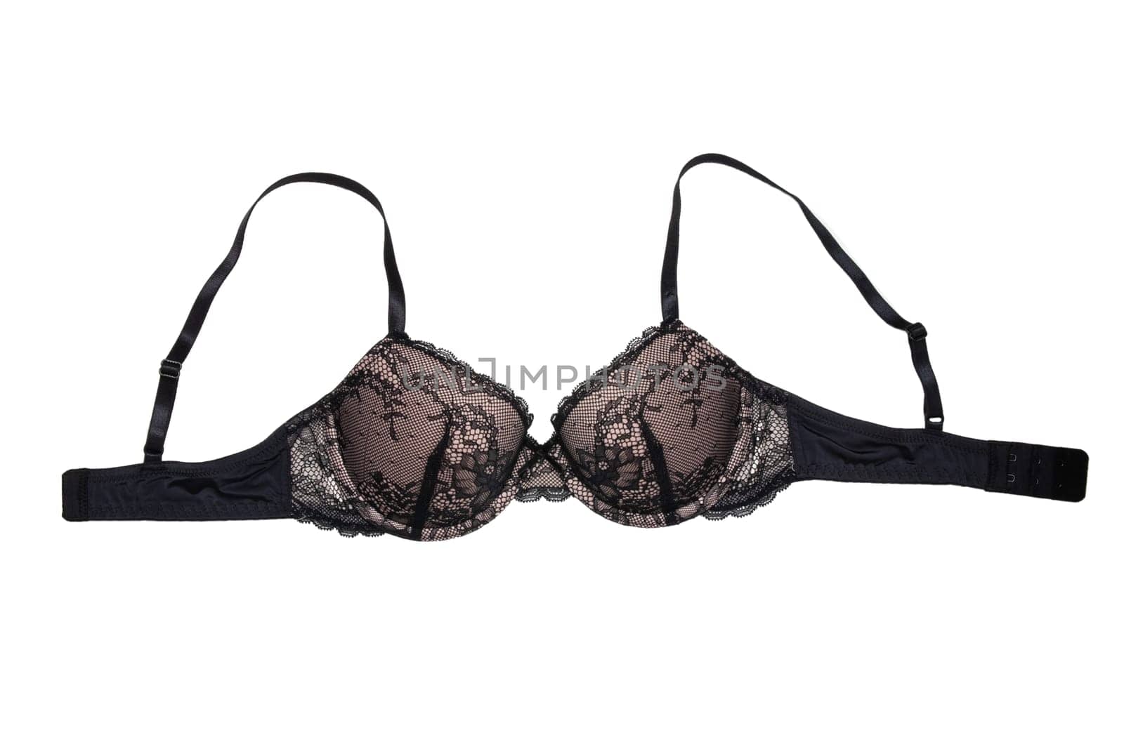 Bra isolated. Closeup of beautiful female stylish black pink bra with laces and straps isolated on a white background. Fashionable sexy women underwear.