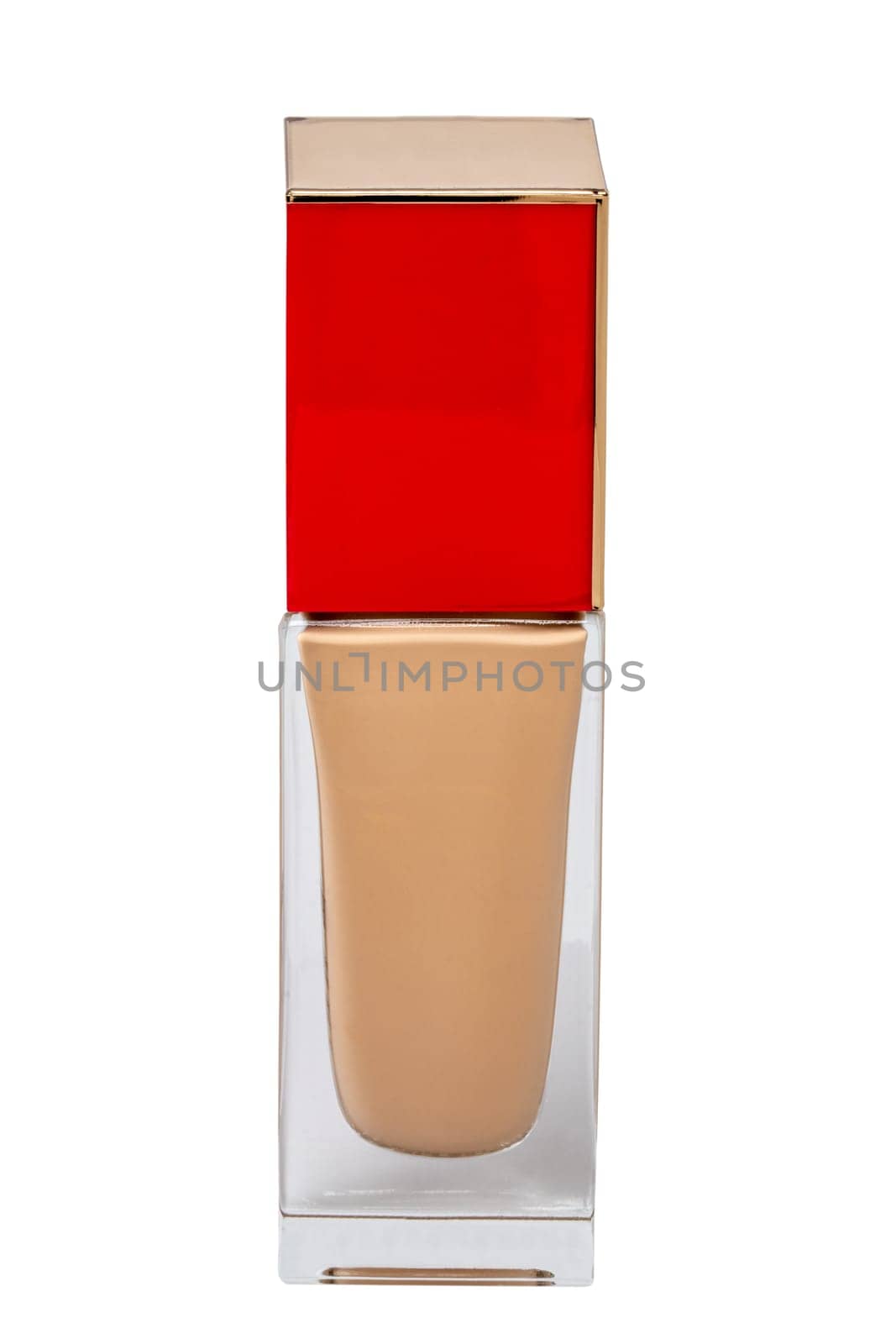 Cosmetic foundation isolated. Close-up of an closed glass bottle with liquid skin foundation isolated on a white background. Makeup concept of moisturiser and toner creme. Macro.