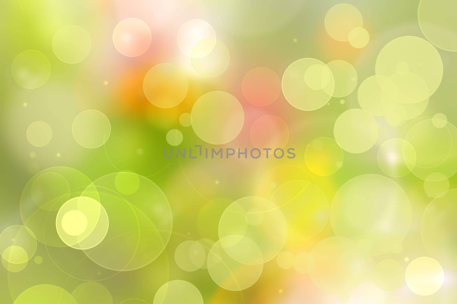 Abstract blurred fresh vivid spring summer delicate light green pastel yellow pink orange bokeh background texture with bright circular soft color lights. Beautiful backdrop illustration.
