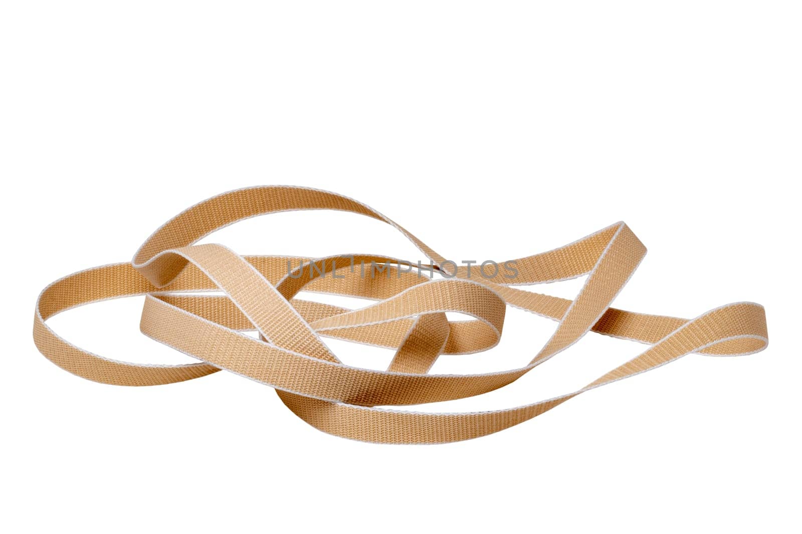 Roller shutter belt isolated. Close-up of a beige hard-wearing and tear-resistant, sturdy webbing for roller shutters and blinds isolated on a white background.