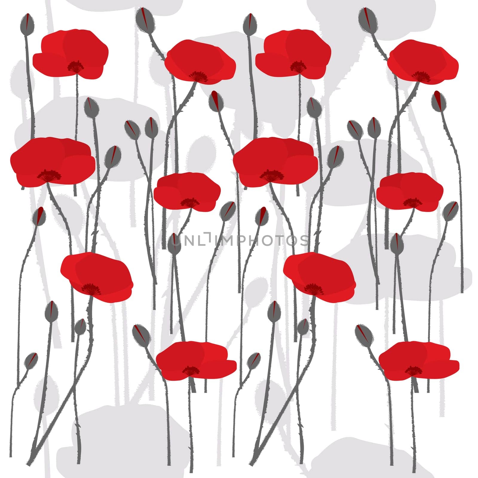 Seamless pattern with hand drawn stylized poppies on white background