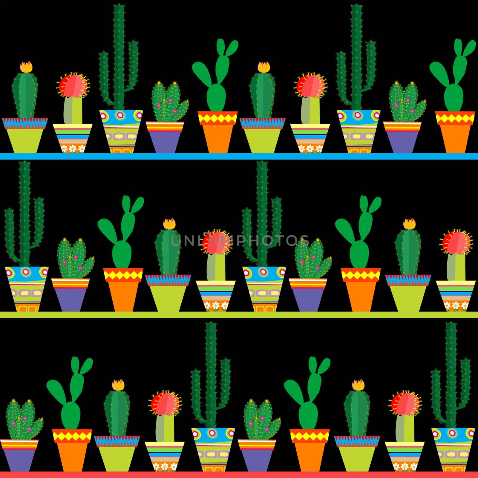 Seamless pattern with rows of different cactus over black background