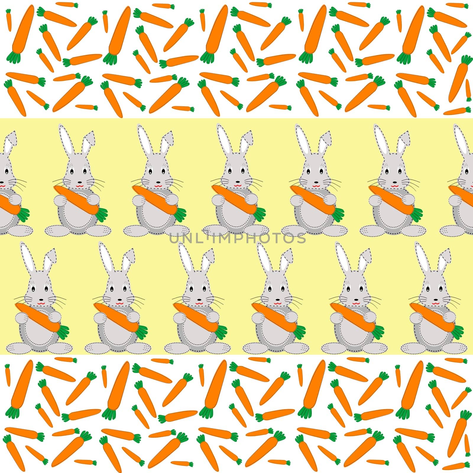 Rabbits and carrots seamless pattern on yellow background