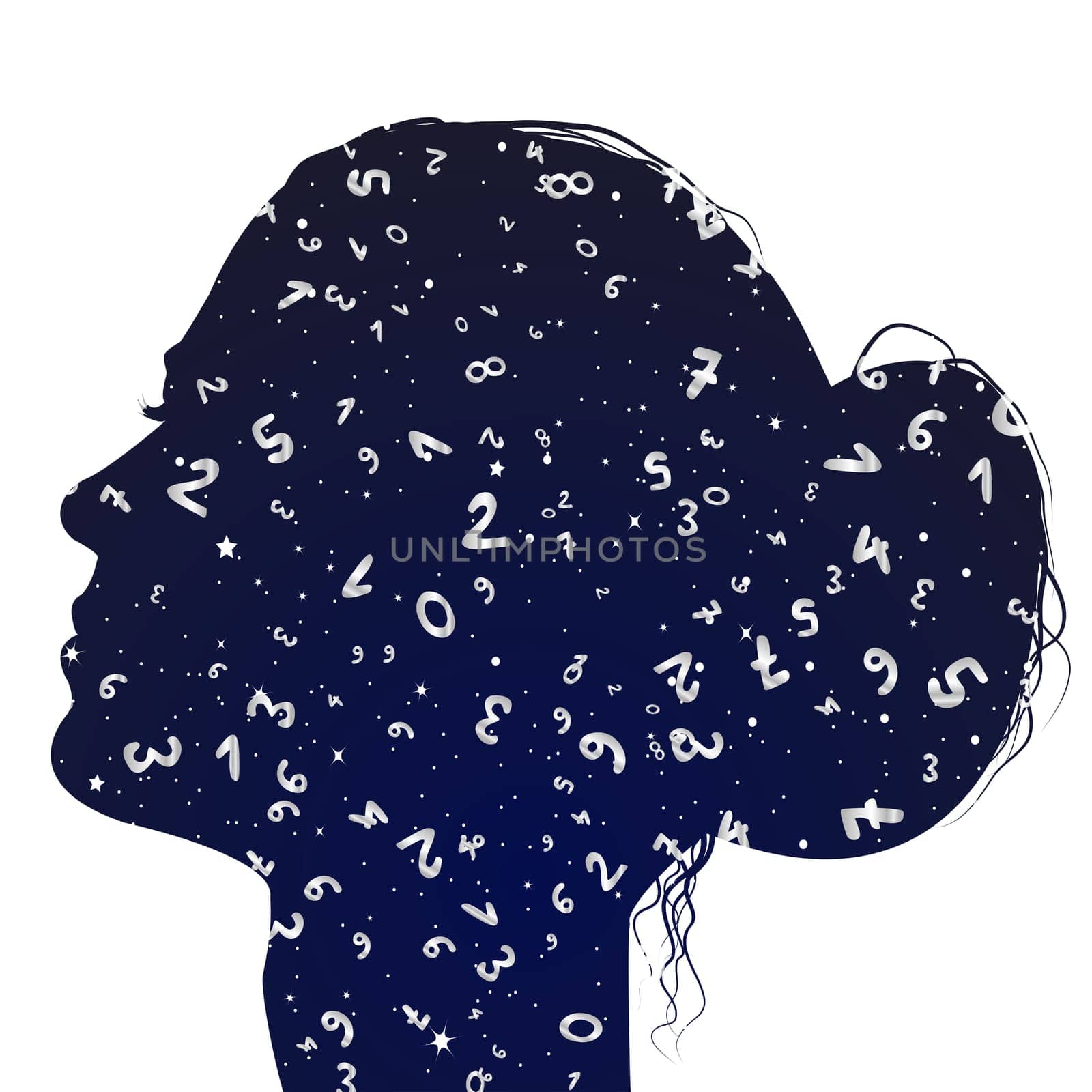 Woman profile with numbers background from one to nine for numerology