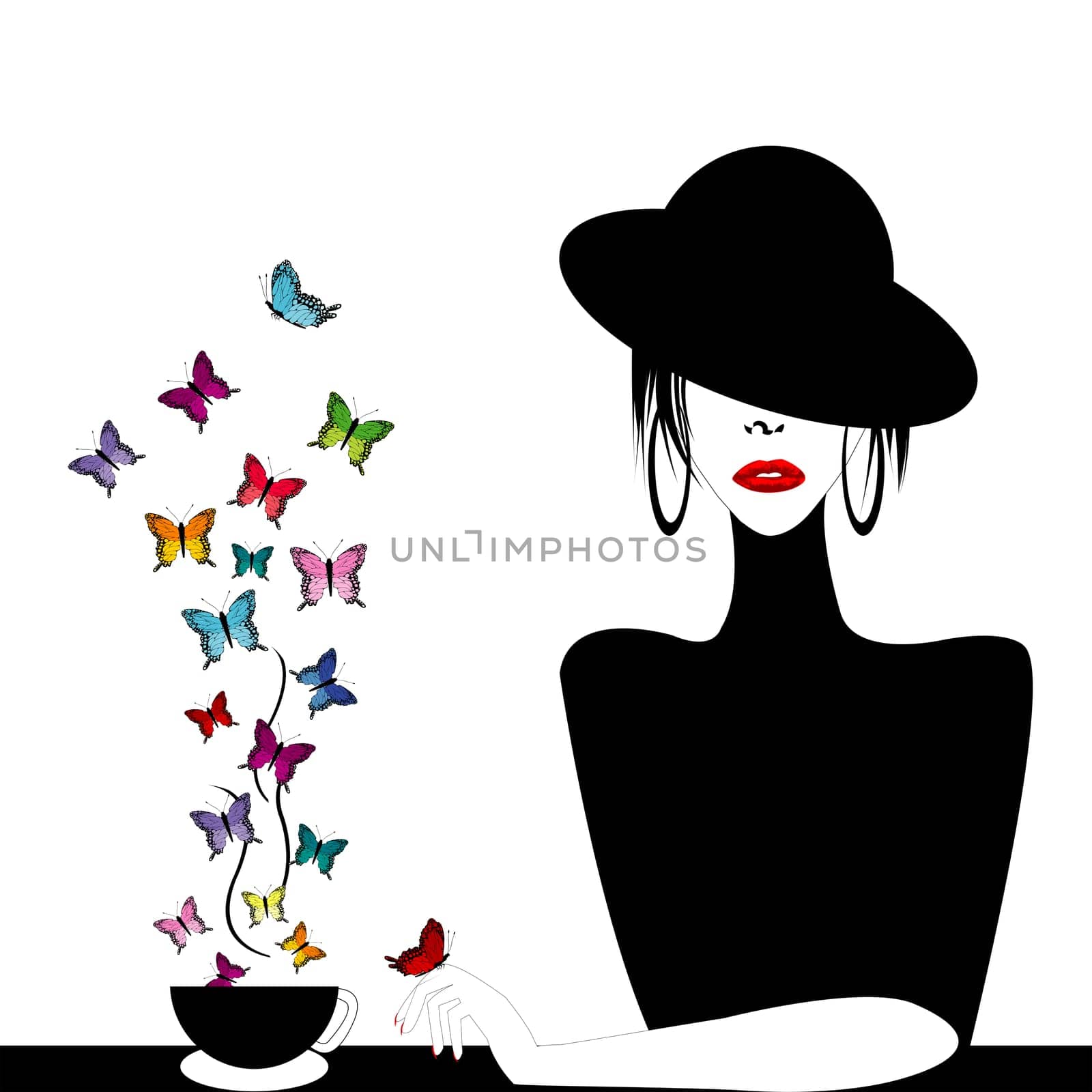 Woman with a cup of buterflies flying
