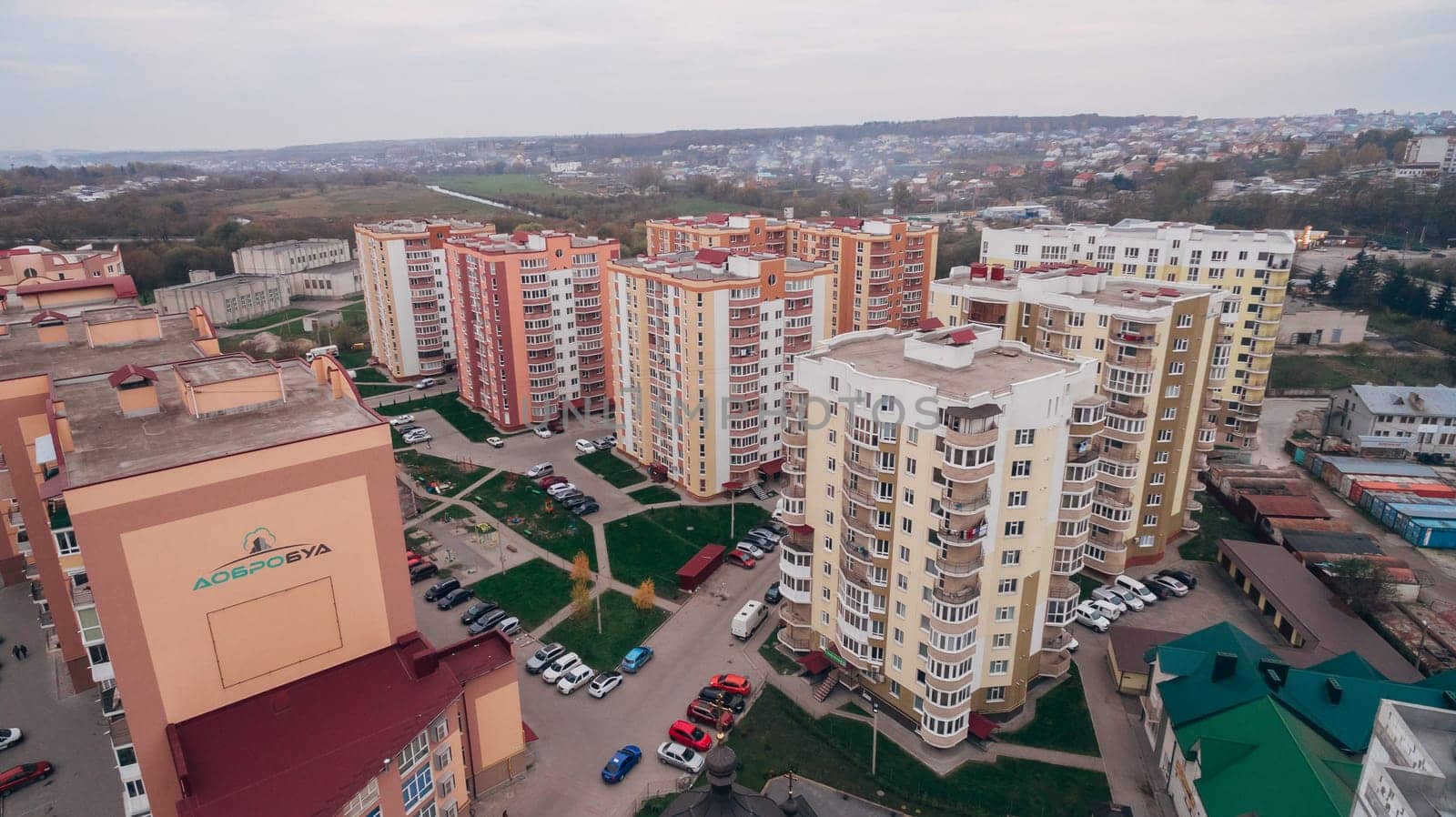 Aerial Drone View of New Microdistrict in the Town