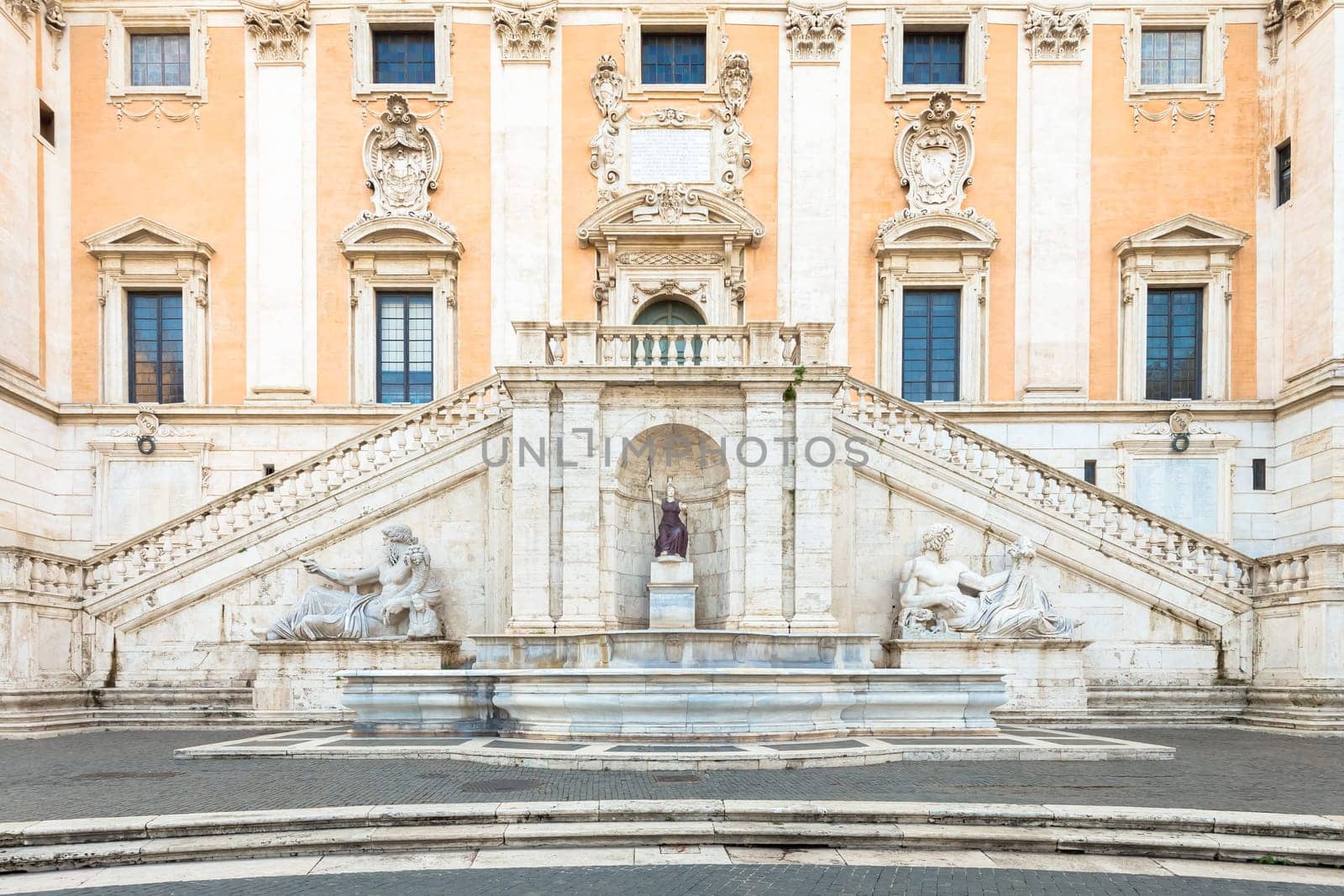 Rome, Italy. View of the staircase of the Palazzo Senatorio, a Renaissance masterpiece. Its double ramp of stairs were designed by Michelangelo as part of the Piazza del Campidoglio project.
