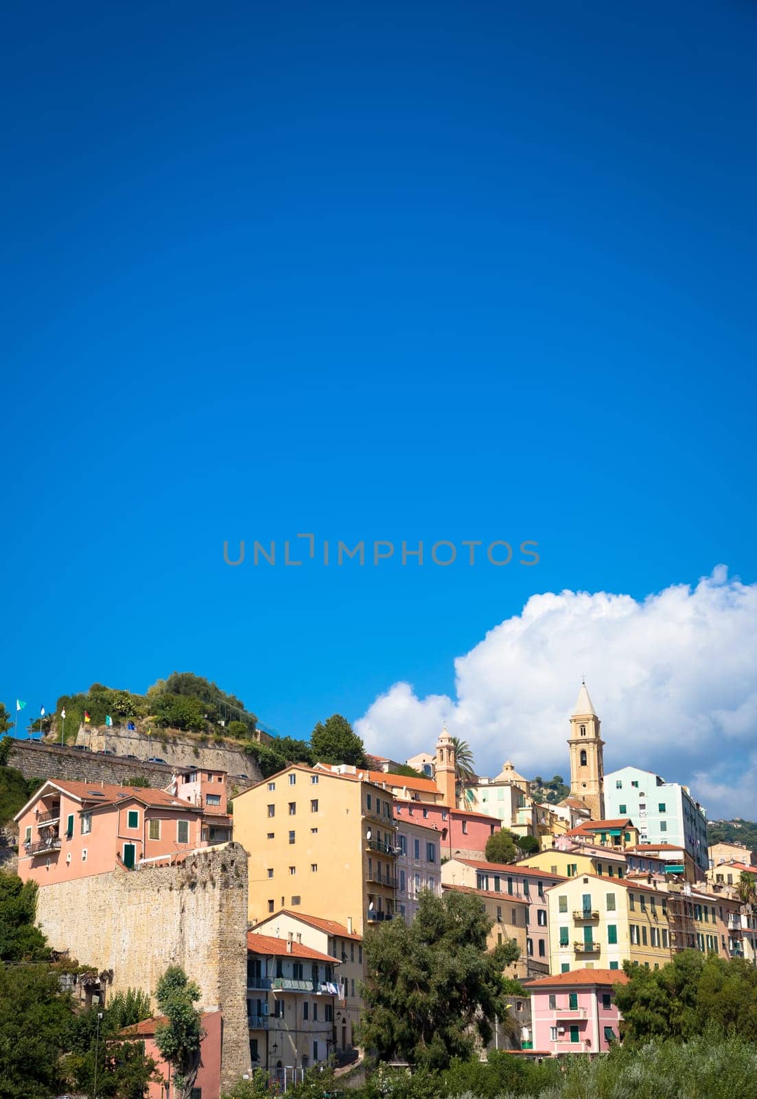 VENTIMIGLIA, ITALY - CIRCA AUGUST 2020: panarama of Ventimiglia old village in Liguria Region, sunny day with blue sky