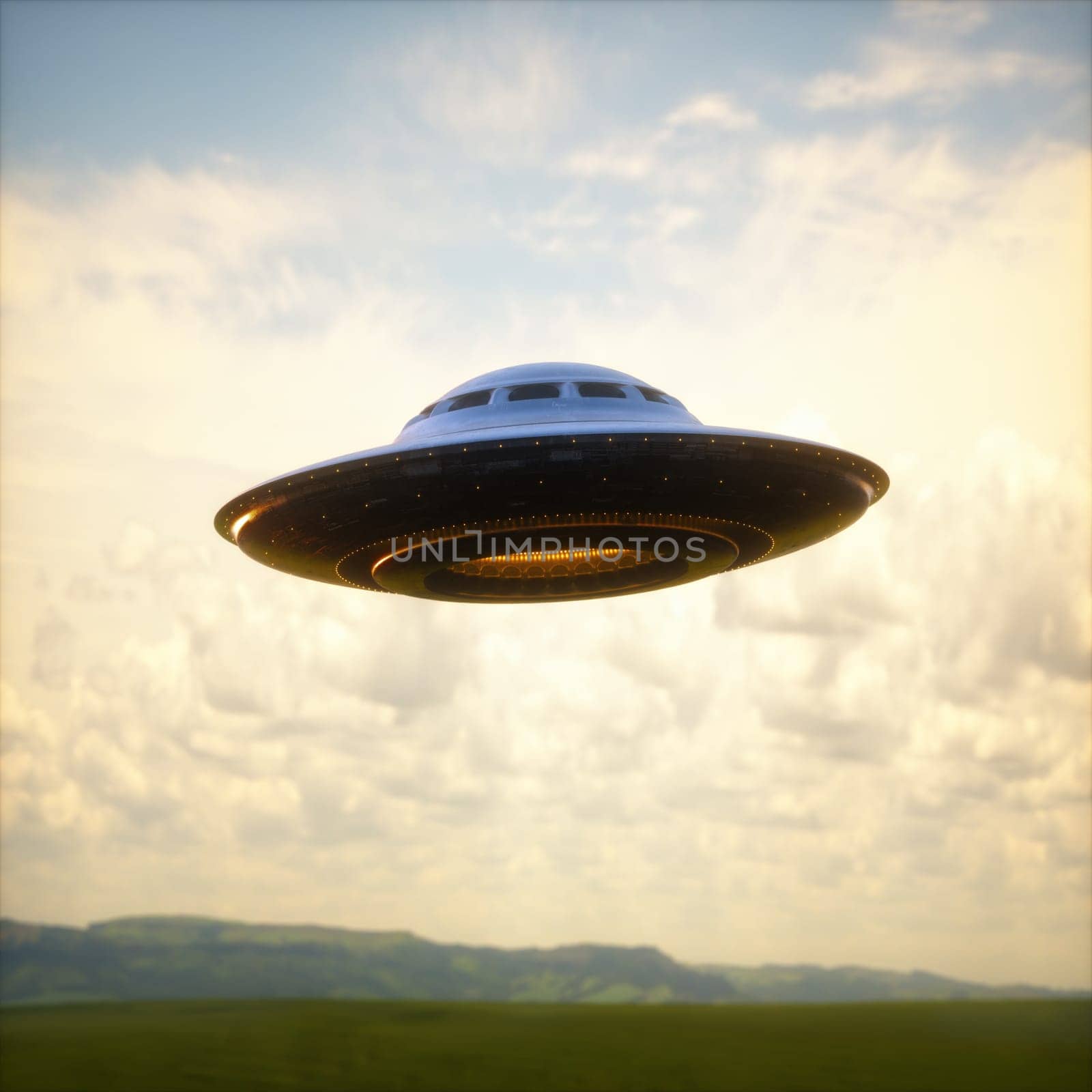 3D illustration of an UFO, unidentified flying object, gravitating over the mountain ranges.