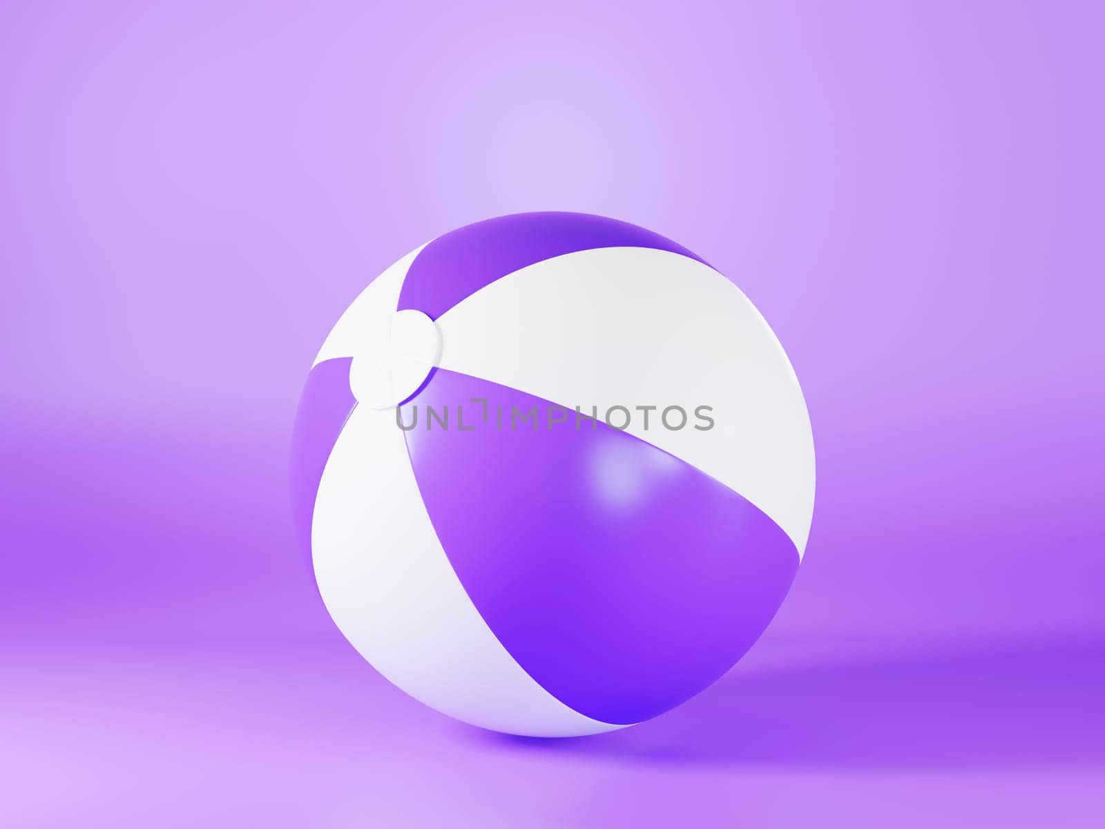 Purple inflatable beach ball mockup light sphere toy for sport game summer on purple background, holiday summer icon, 3D rendering illustration