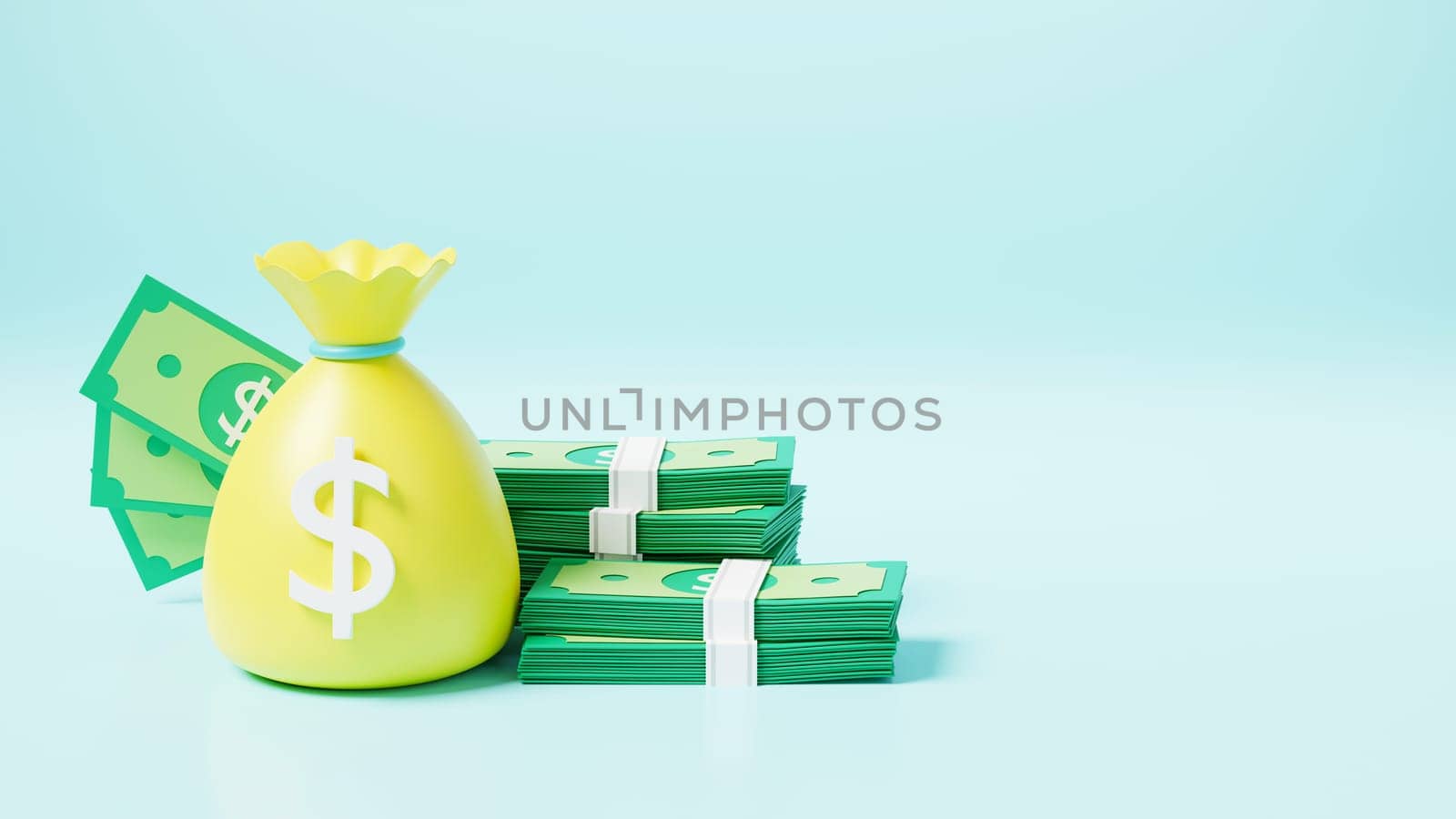 Money bag with stack dollar banknote icon, moneybag savings money or cash sack on blue background, finance earnings profit, 3D rendering illustration