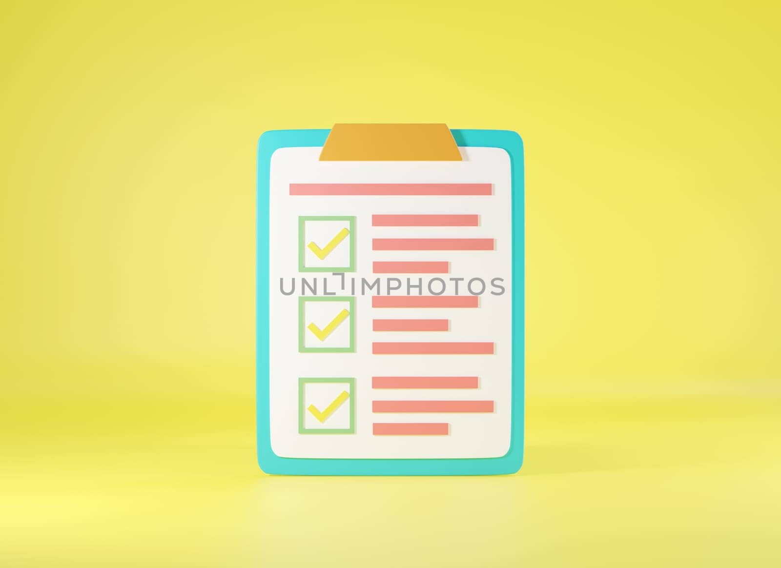Clipboard checklist, survey paper list check marks report document on yellow background, sign symbol web site design icon, 3D rendering illustration