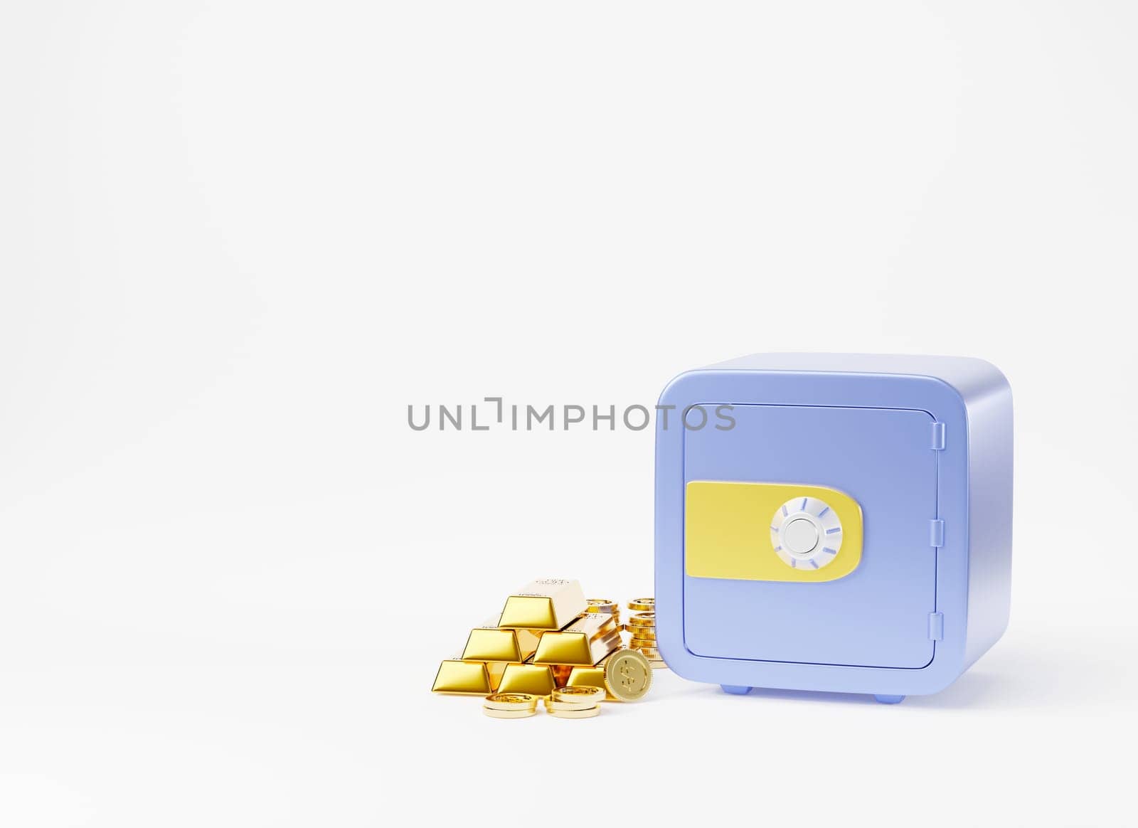 Security metal safe bank save vault deposit box with coins money and gold bar, money locker safe front view isolated on white background, wallet security finance icon concept, 3D rendering illustration