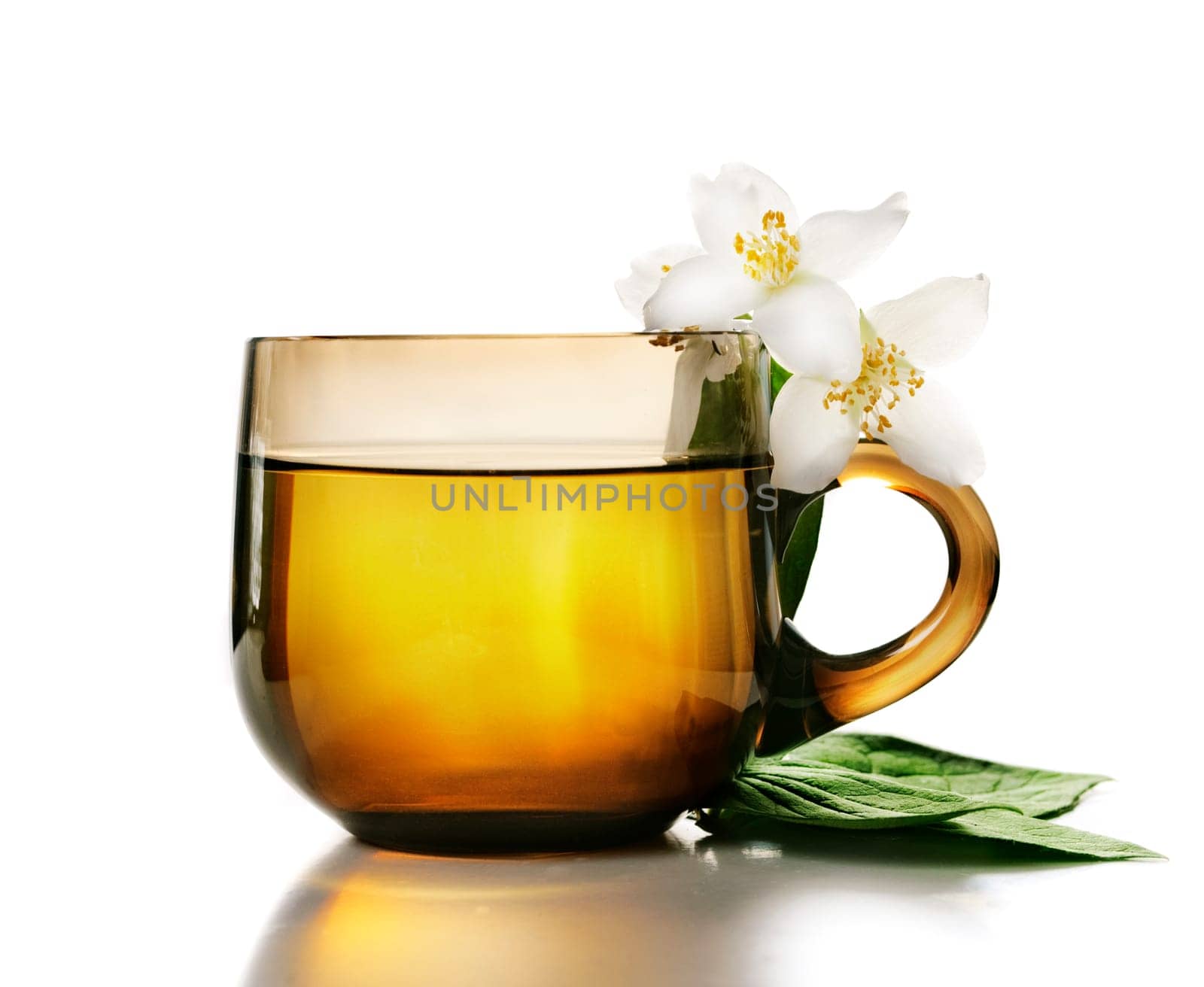 Cup of jasmine tea with white background