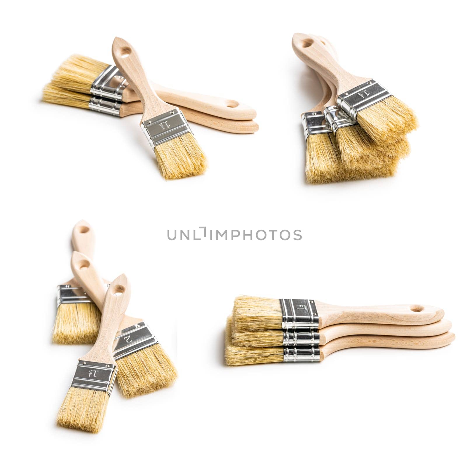 Set of clean paint brushes isolated on white background.