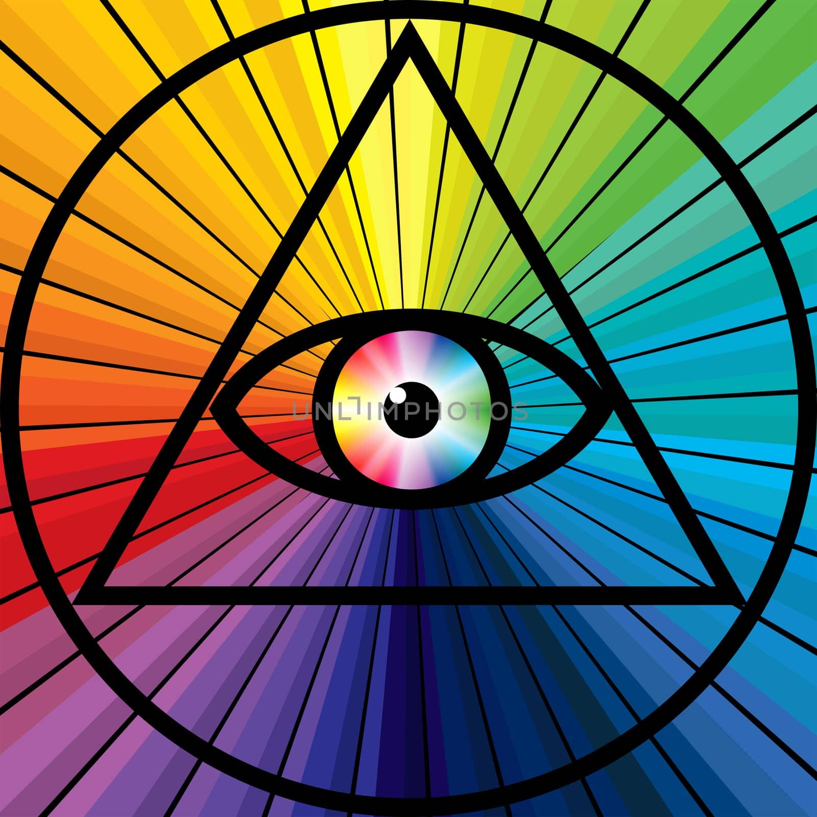 All-Seeing Occult  Eye, Third eye, Eye of providenc over a colorful chakra sunburst