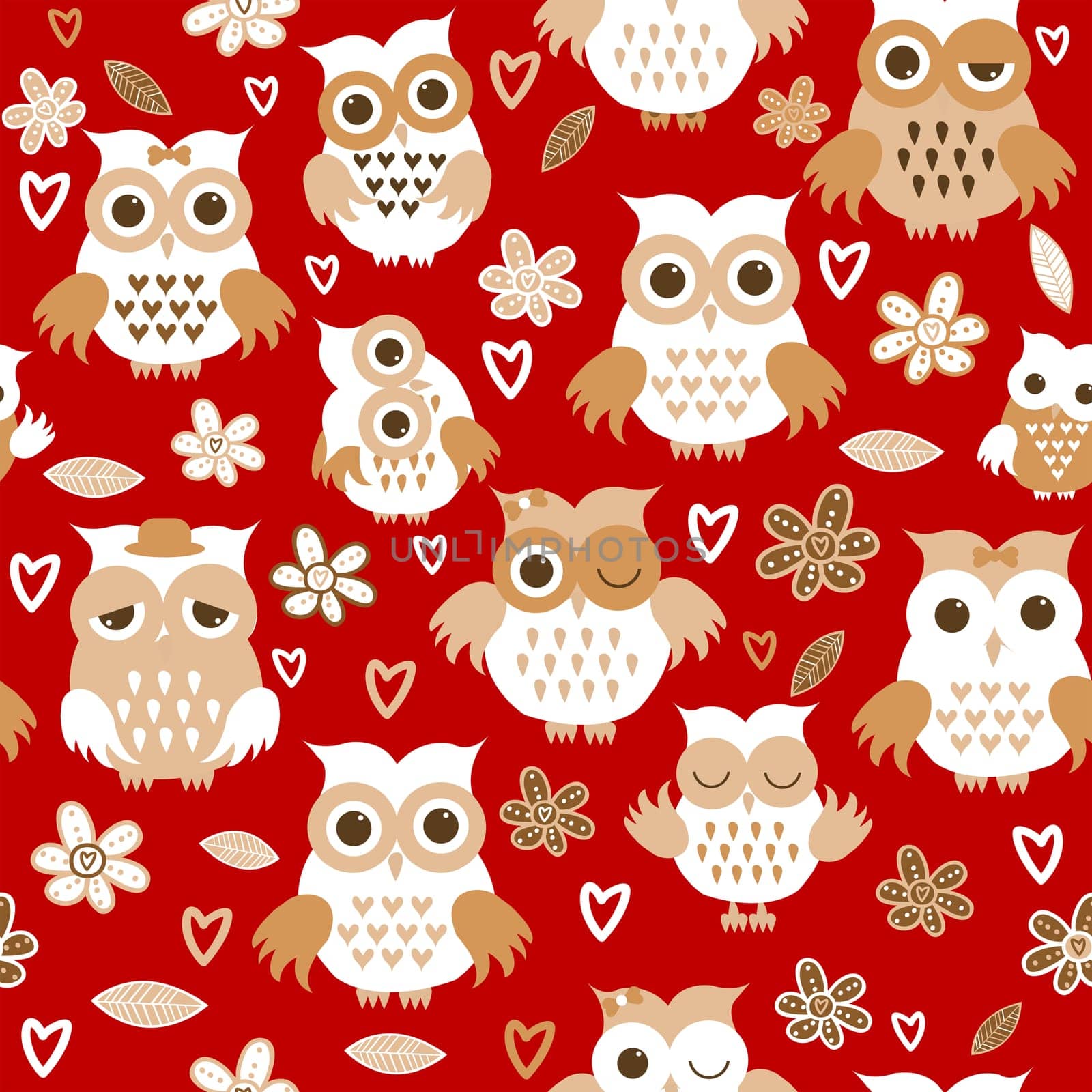 Cartoon owls over red background. Seamless pattern with owls and flowers