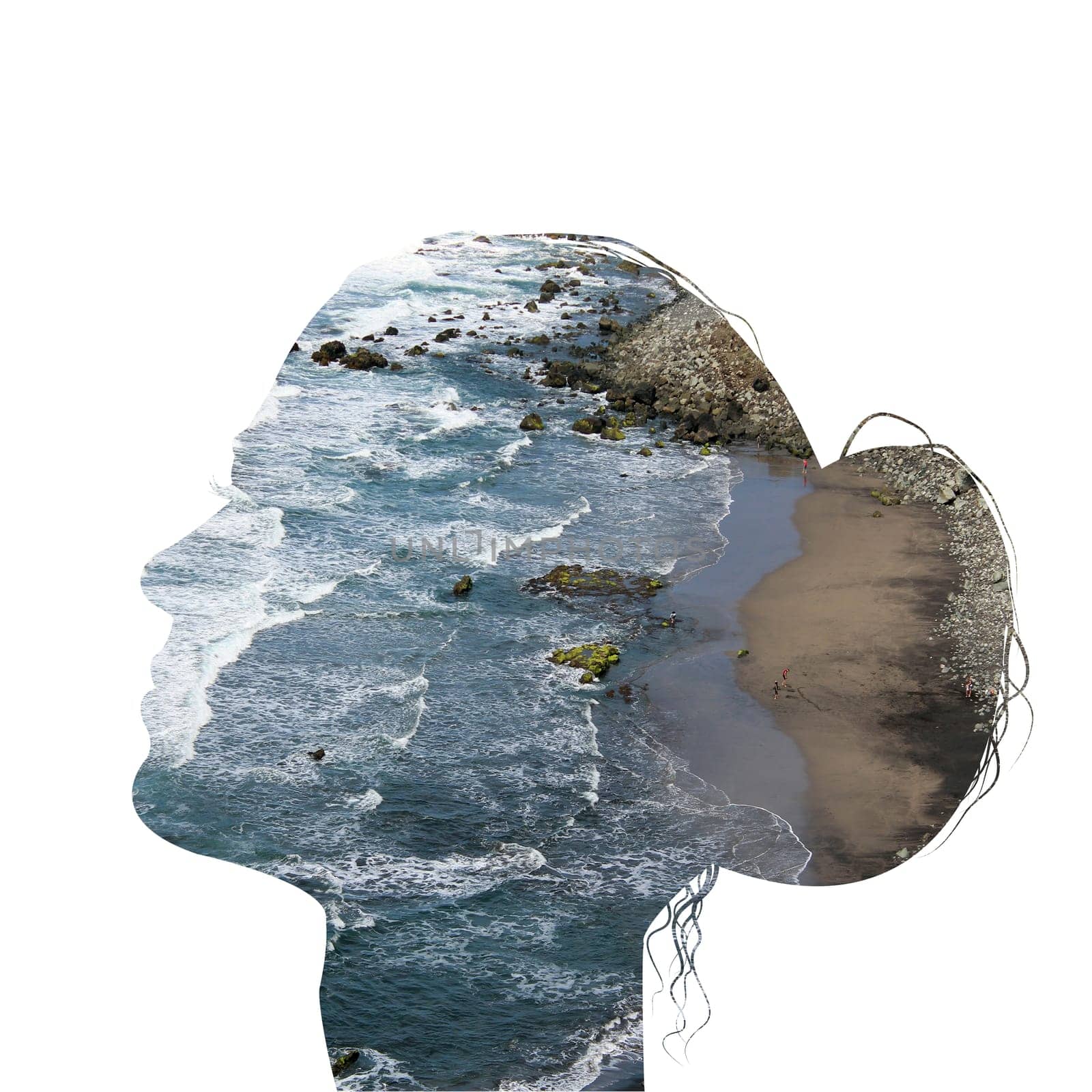 Double exposure of a woman head combined with blue seaside
