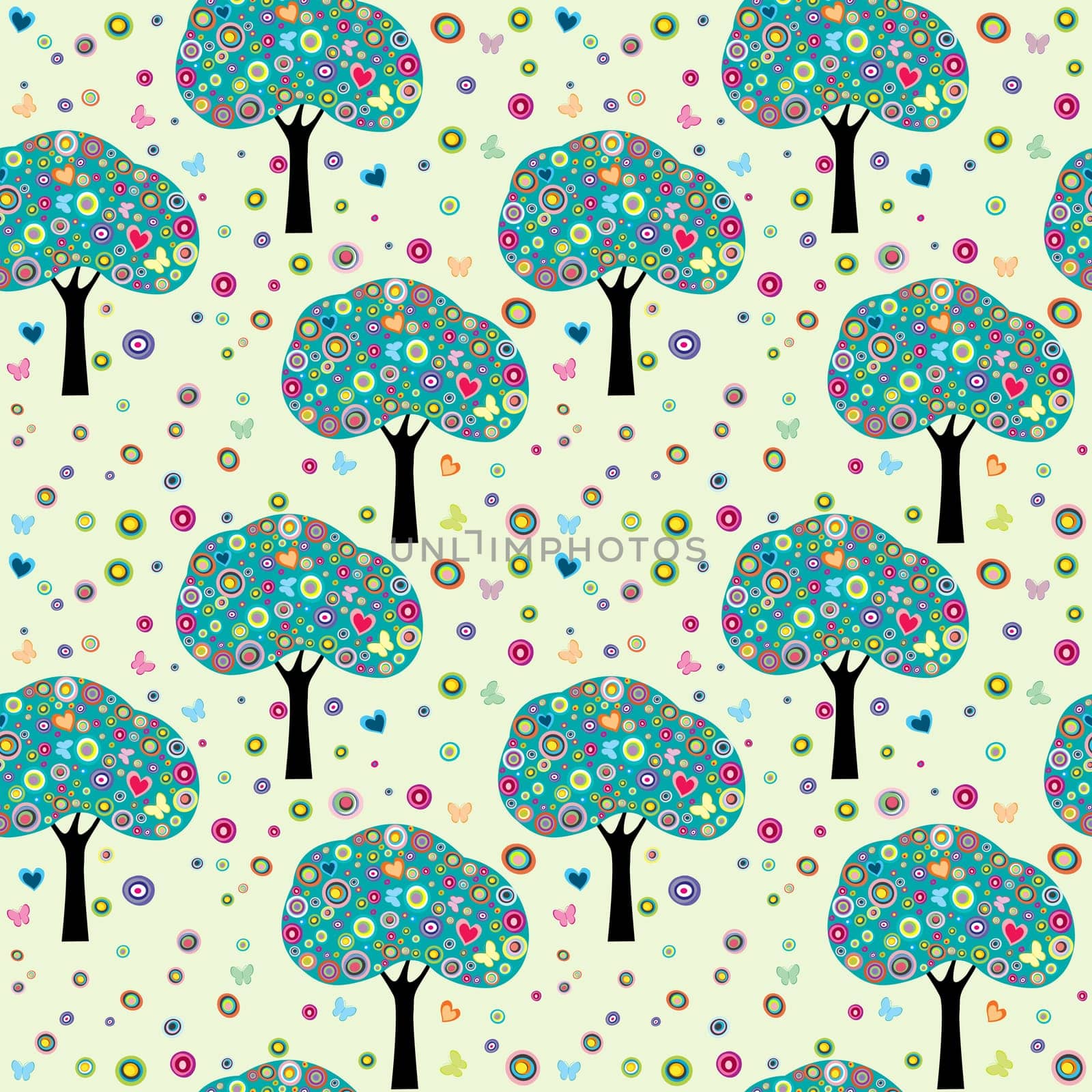 Spring background with tree, flowers and butterflies