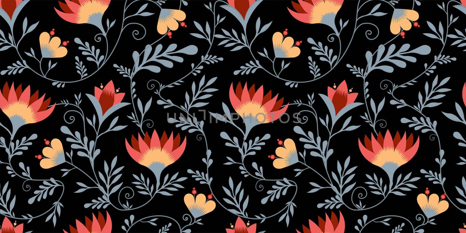 abstract floral pattern. Chrysanthemums pattern for textiles and fabrics. Pink and cherry colors. Black background.Vector illustration Japanese flowers.Petrikov painting.