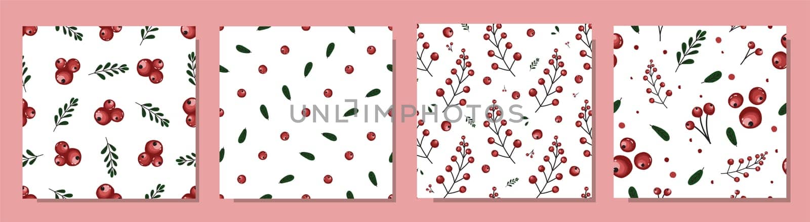 Set of patterns with berries. Interesting berry pattern set. Pink and cherry colors.