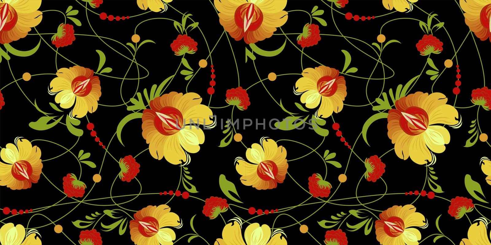 abstract floral pattern. Chrysanthemums pattern for textiles and fabrics. Pink and cherry colors. Black background.Vector illustration Japanese flowers.Petrikov painting.