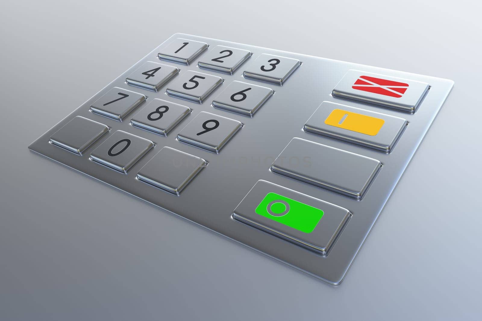 Atm machine keypad. Numbers buttons with additional red, yellow and green. Pin code safety, banking, electronic cash withdrawal, bank account access concept.